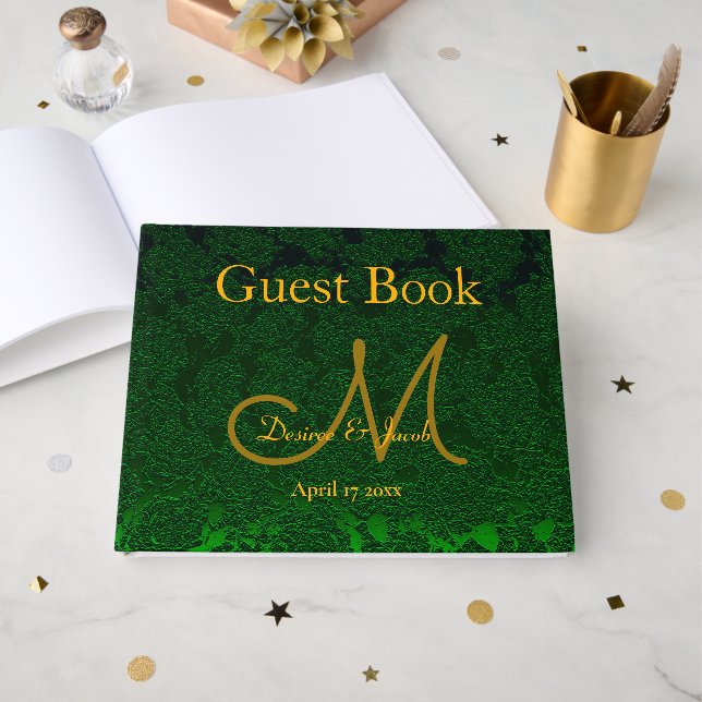 Livre D'or Réception de mariage Hunter Green Gold Monogramme (Recto ouvert)