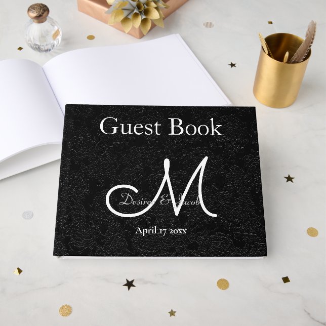 Livre D'or Réception de mariage noir et blanc Monogramme (Recto ouvert)
