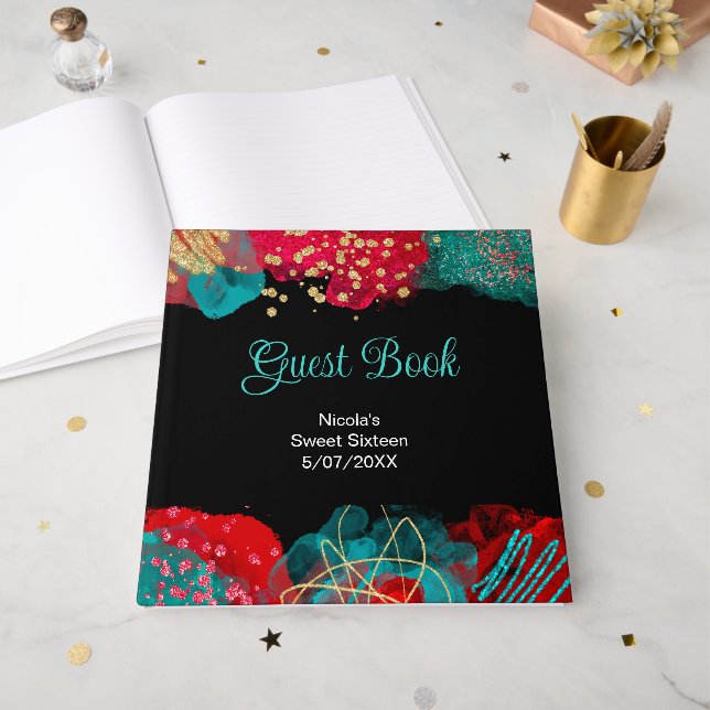 Livre D'or Red Alcohol Ink Sweet 16 Birthday Party  (Recto ouvert)