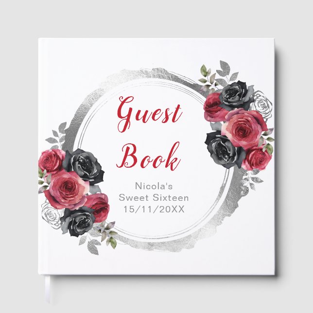 Livre D'or Red and Silver Elegant Flowers Sweet Sixteen (Recto)
