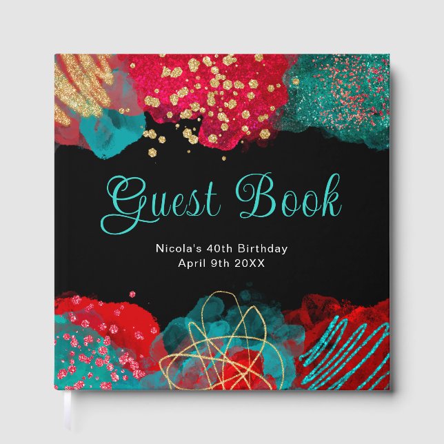 Livre D'or Red and Teal Blue Alcohol Ink Birthday Guest Book (Recto)
