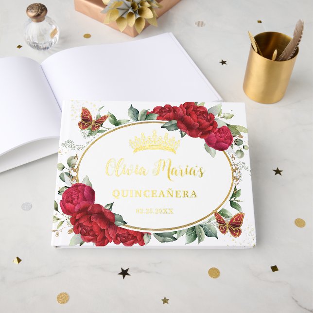 Livre D'or Red Peonies Floral Butterflies Quinceanera Gold (Recto ouvert)