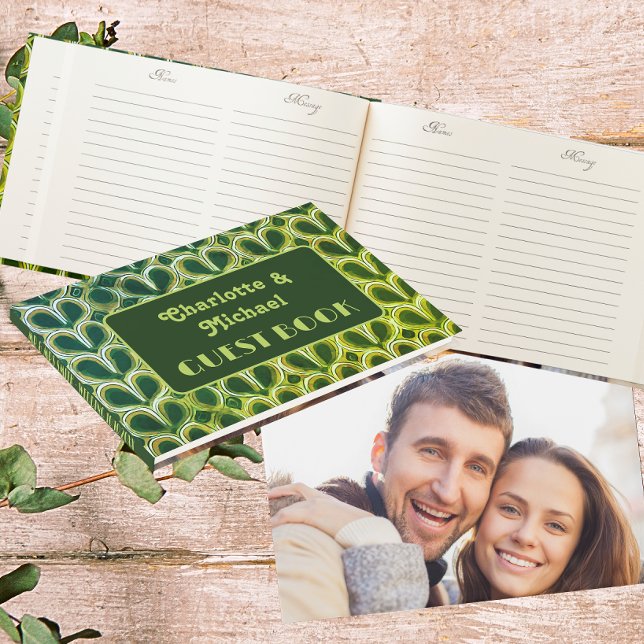 Livre D'or Retro Lime Green Motif des années 1970 | Mariage p (Front, Back And Inside)