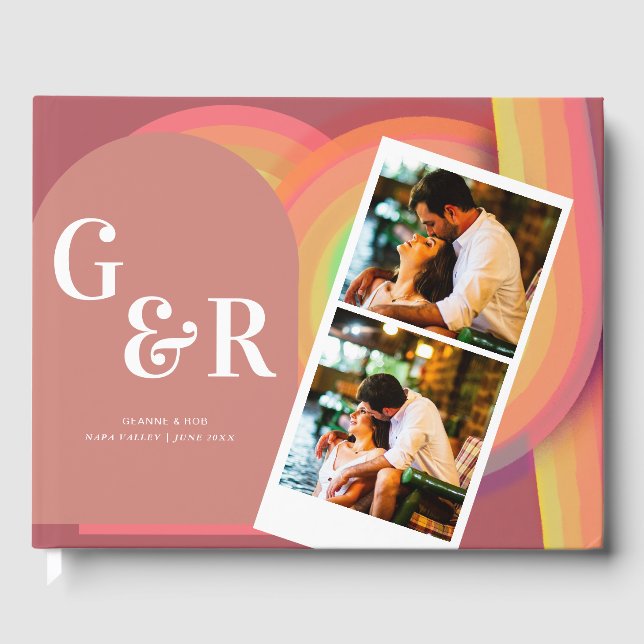 Livre D'or Retro photo Seventies Stripes Faire-part de mariag (Recto)