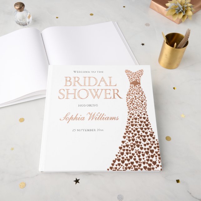 Livre D'or Robe de cœur en feuille d'or rose pour Baby Shower (Recto ouvert)
