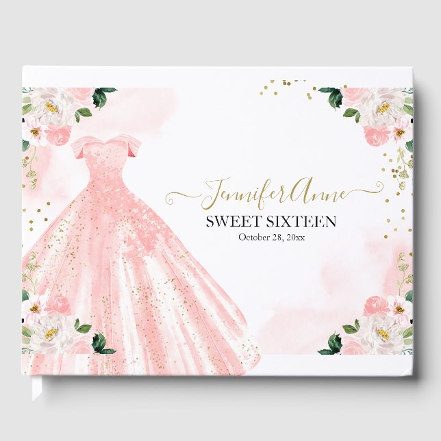 Livre D'or Robe Douce 16 Aquarelle Bleue Fleurs Roses (Recto)