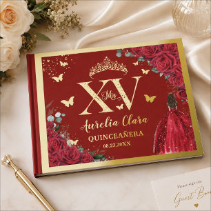 Livre D'or Robe florale rouge Quinceañera Quince 15 XV Or