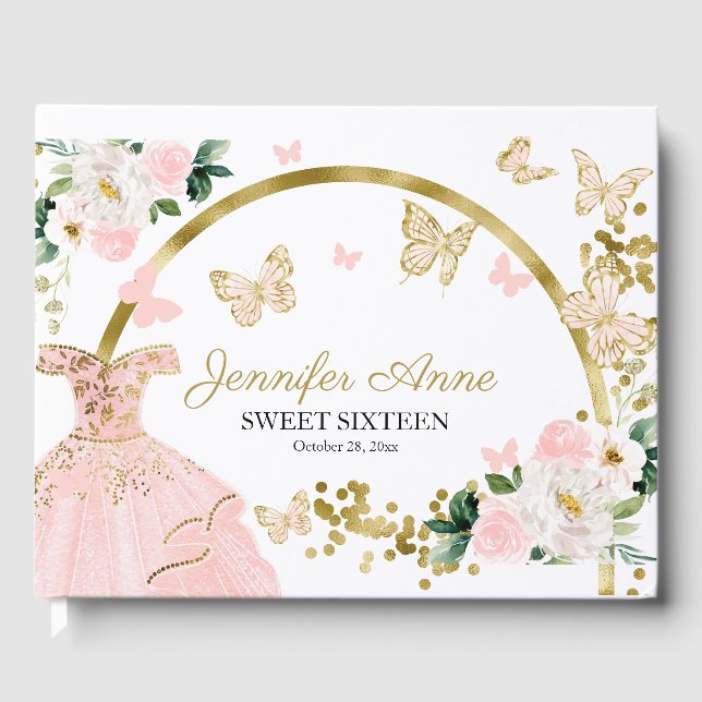 Livre D'or Robe Rose Fleurs Papillon Blush 16 Ans Douce (Recto)