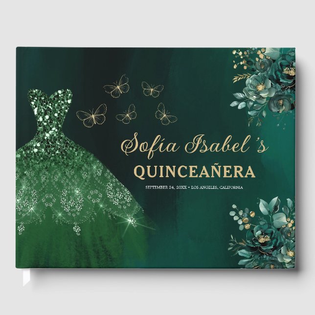 Livre D'or Robe verte Emeraude Florale Anniversaire Quinceane (Recto)