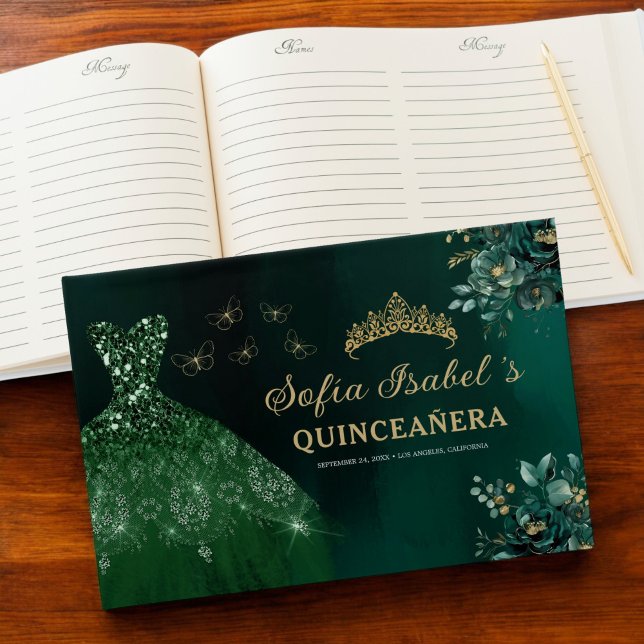 Livre D'or Robe verte émeraude florale Anniversaire Quinceane (Créateur téléchargé)