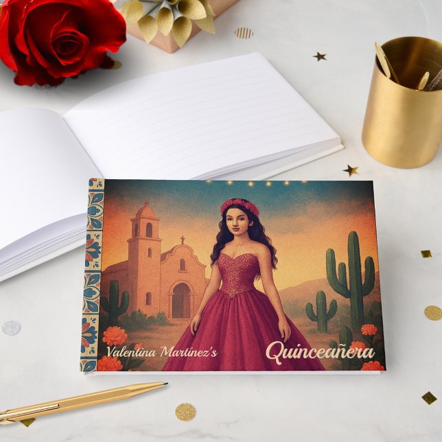 Livre D'or Robe Vintage personnalisée Quinceañera rouge (Personalized Vintage Quinceañera Red Dress Guest Book)