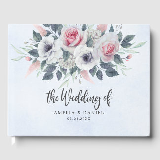 Livre D'or Romantic Pink Watercolor Floral Wedding Blue