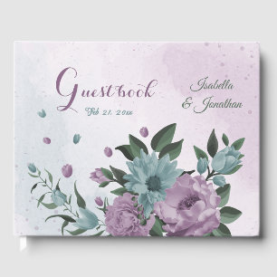 Livre D'or romantique dusté violet et fleurs bleues mariage g