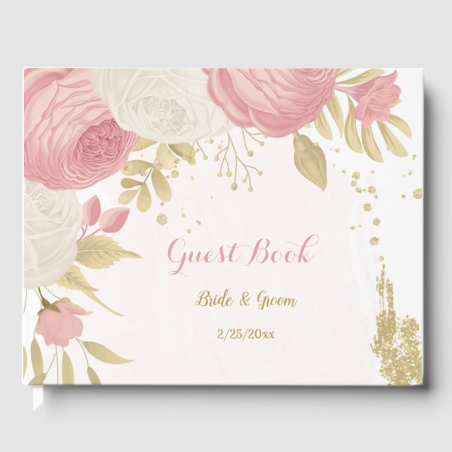 Livre D'or Romantique rose & fleurs blanches or mariage (Recto)