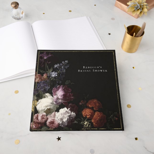 Livre D'or Romantique Sombre Fleurs Gothiques Noires pour une (Recto ouvert)