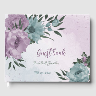 Livre D'or romantique violet poussiéreux et fleurs bleues mar