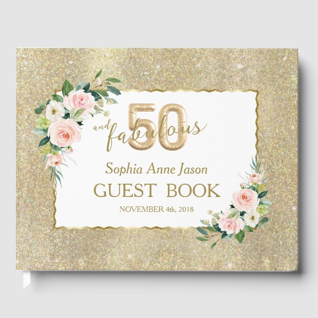 Livre D'or Rose Blanc Floral Gold 50 et Fabuleux anniversaire (Recto)