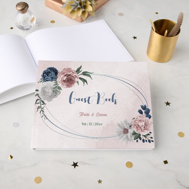 Livre D'or rose blanc marine fleurs verdure mariage (Recto ouvert)