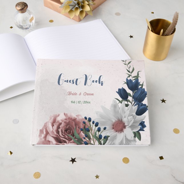 Livre D'or rose blanc marine fleurs verdure mariage (Recto ouvert)