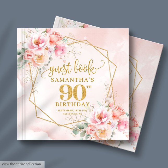 Livre d'or rose boho floral de 90 ans (Boho blush pink gold floral 90th birthday guest book

)