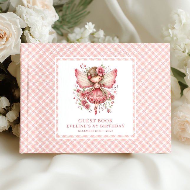 Livre d'or rose fuchsia d'anniversaire de fille fé (Magical Fairy Girl Birthday Blush Pink Guestbook)