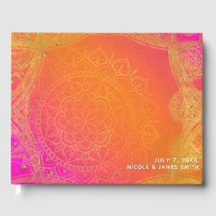 Livre D'or Rose Fuchsia Orange Or Indien Mandala Mariage