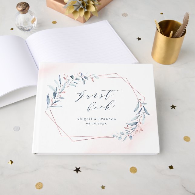 Livre D'or Rose Gold Dusty Blue Greenery Mariage géométrique (Recto ouvert)