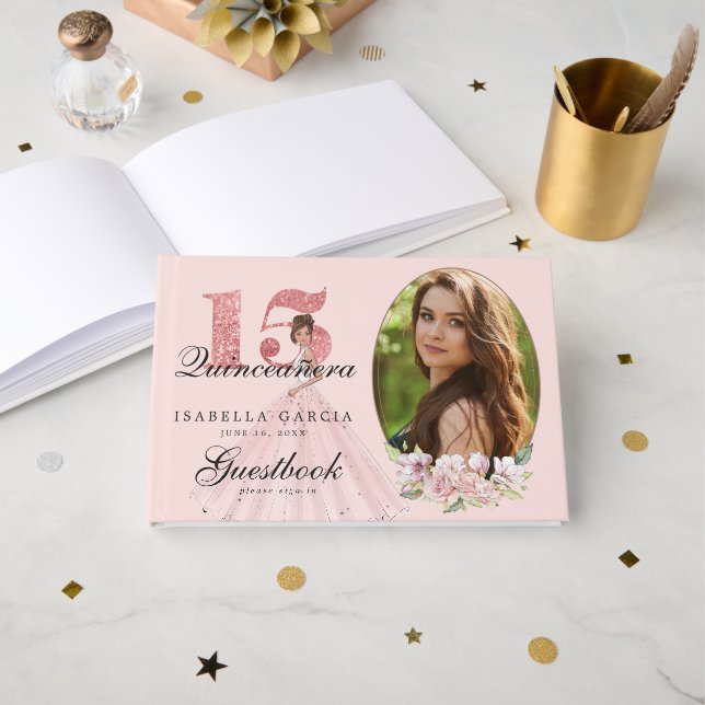 Livre D'or Rose Gold Floral & Photo Quinceañera Personnalisé (Recto ouvert)