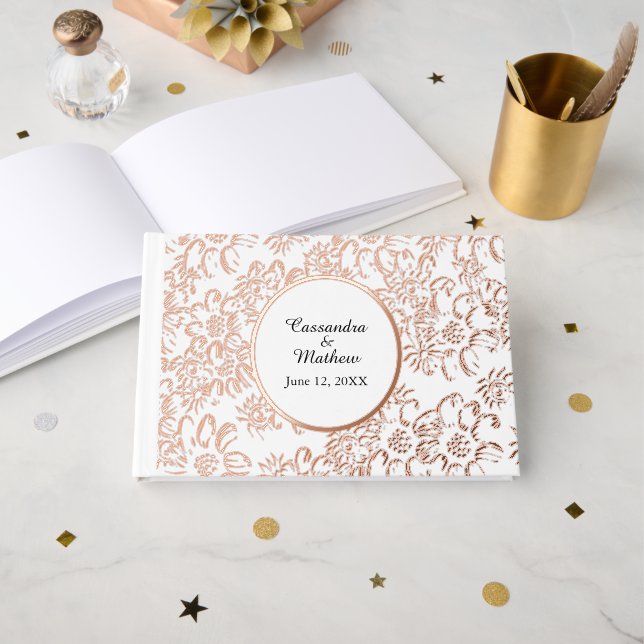 Livre D'or Rose Gold Foil Daisies Floral Blanc Mariage (Recto ouvert)