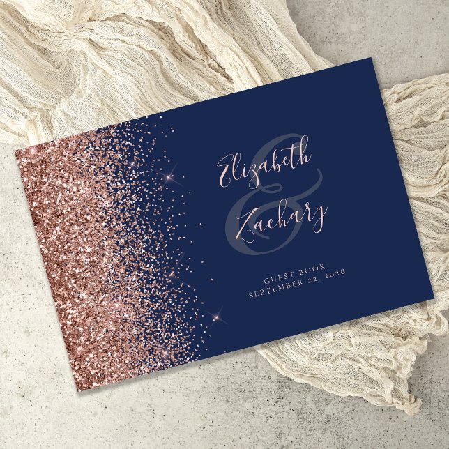 Livre D'or Rose Gold Pailleté Bleu Marine Moderne Écriture (Créateur téléchargé)