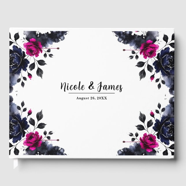 Livre D'or Rose magenta et bleu encre floral aquarelle mariag (Recto)