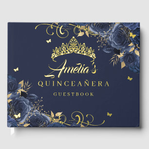 Livre D'or Rose Navy Floral Swirl Quinceanera Or 