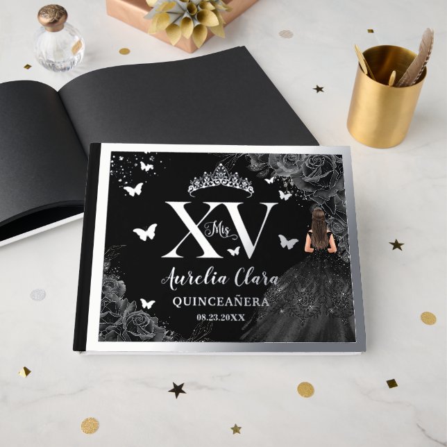 Livre D'or Rose noir Quinceañera Quince 15 XV Argent (Recto ouvert)