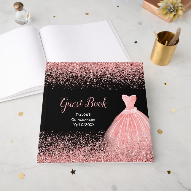 Livre D'or Rose Pink Dress Faux Glitter Quinceanera (Recto ouvert)