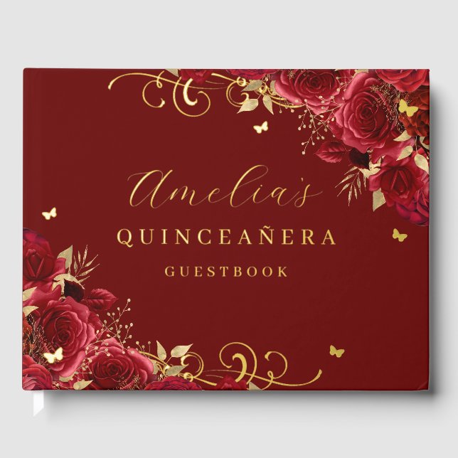 Livre D'or Rose rouge florale or tourbillon Quinceanera (Recto)