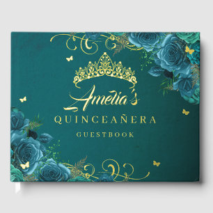 Livre D'or Rose turquoise Floral Swirl Quinceanera Gold