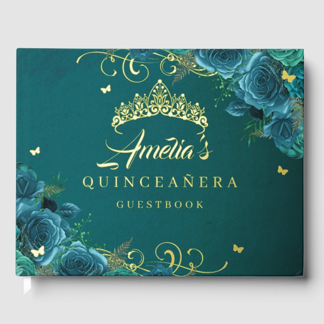Livre D'or Rose turquoise Floral Swirl Quinceanera Gold (Recto)