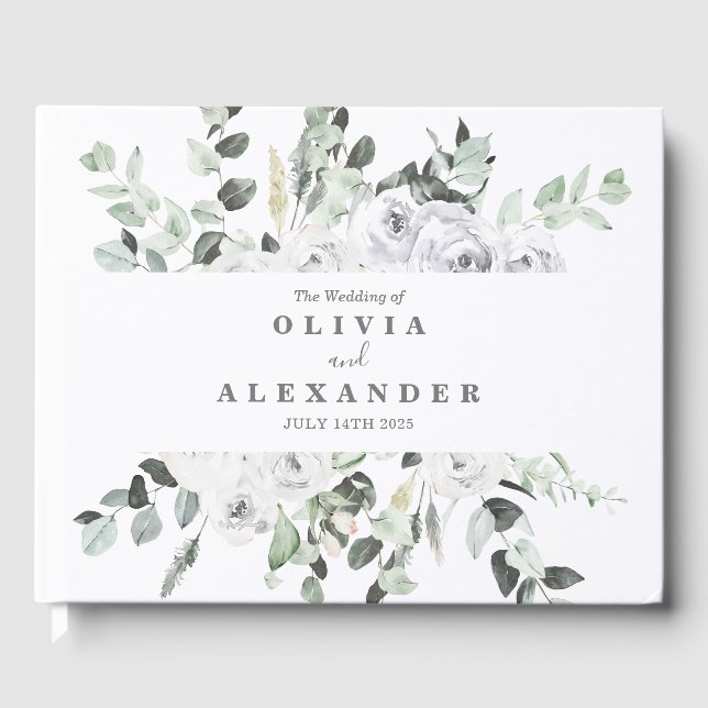 Livre D'or Roses blanches et verdure élégante mariage florale (Recto)