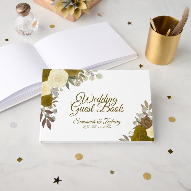 Livre D'or Roses d'or rustique Élégant Floral Boho Chic Maria (Recto ouvert)