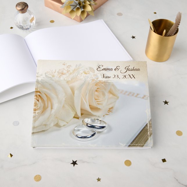 Livre D'or Roses et anneaux de mariage (Recto ouvert)
