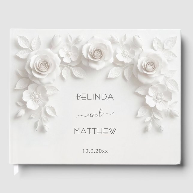Livre D'or Roses Florales 3D Blanches | Mariage (Recto)