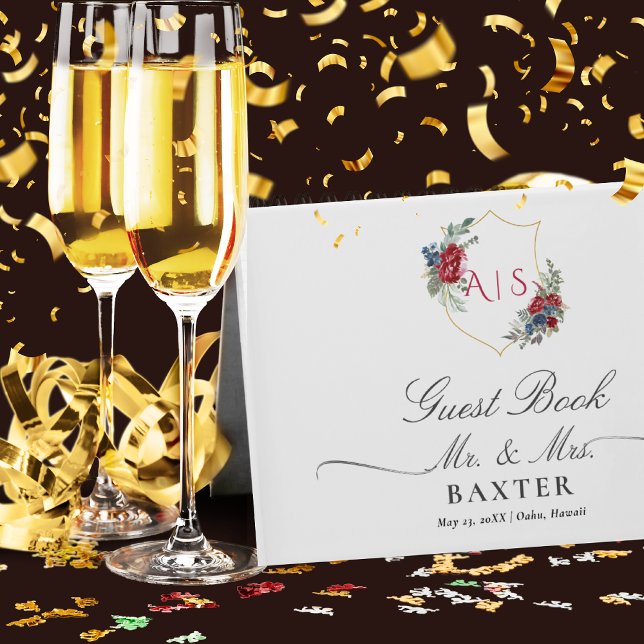 Livre D'or Roses Magenta Crête Botanique Monogramme de Mariag (Créateur téléchargé)