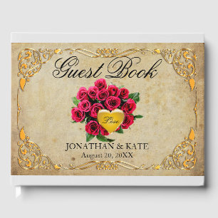 Livre D'or Roses rouges d'inspiration vintage et Mariage or