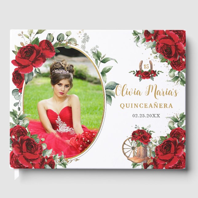 Livre D'or Roses rouges Floral Charro Bottes Quinceanera Phot (Recto)