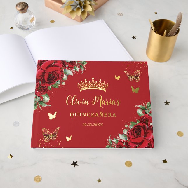 Livre D'or Roses rouges papillon Quinceanera anniversaire 16  (Recto ouvert)