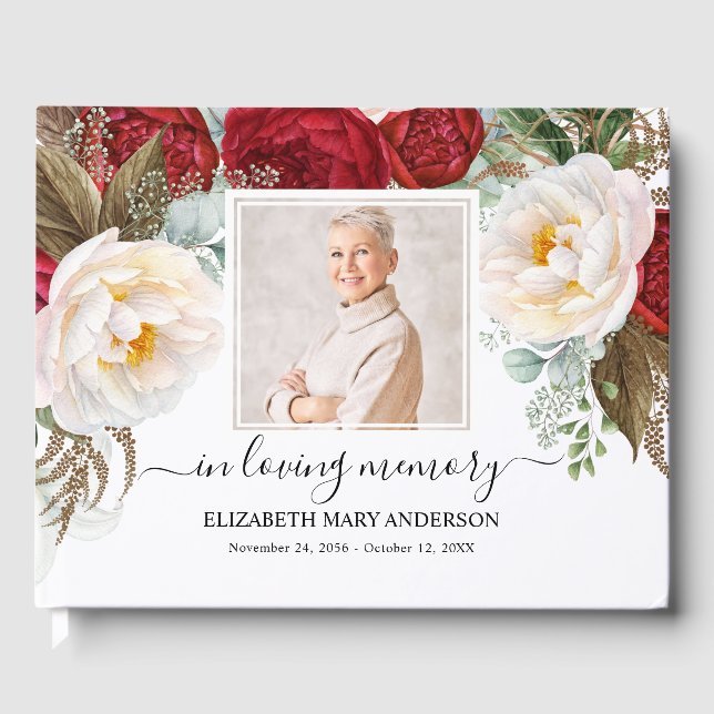 Livre D'or Roses rouges Photo Sympathy Funérailles Aquarelle (Recto)