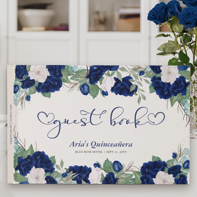 Livre D'or Roses royaux en bleu avec élégante calligraphie (Floral Guest Book with sweet calligraphy to personalize for Quinceanera or other special event)