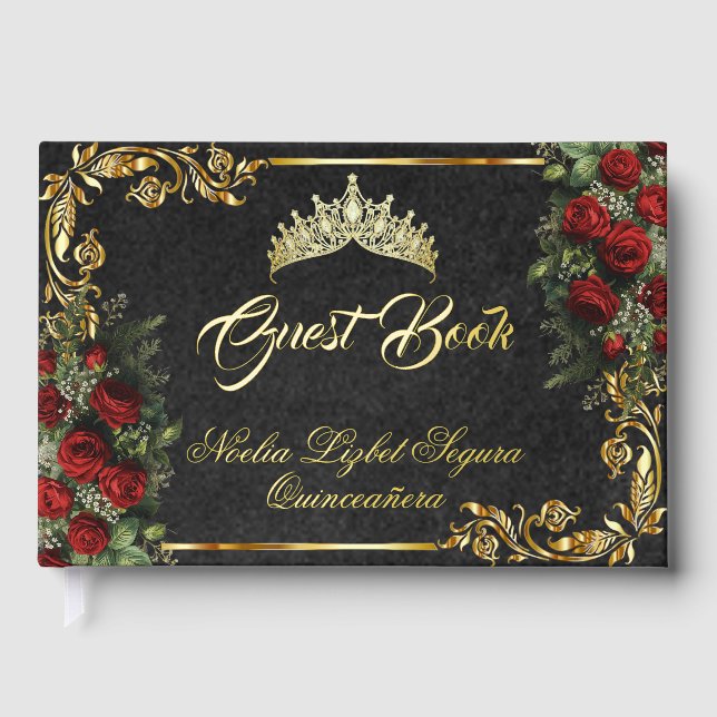 Livre D'or Roses, Tiara & Gold Leaves - Black (Recto)