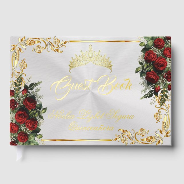 Livre D'or Roses, Tiara & Gold Leaves - Pearl White (Recto)