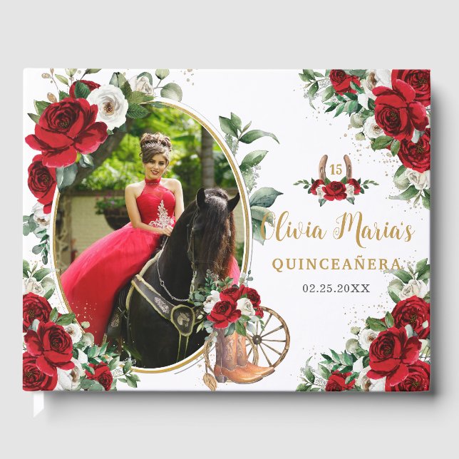 Livre D'or Rouge Blanc Floral Charro Bottes Quinceanera Photo (Recto)